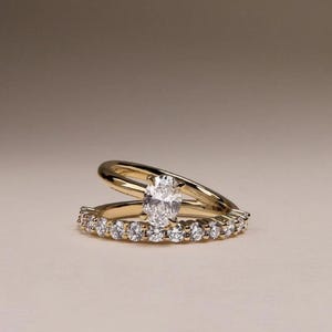 1.20CT Oval Lab Diamond Bridal Set | IGI Certified Engagement Ring with Round Halo | 14K Yellow Gold Stacking Design | Moissanite Option.