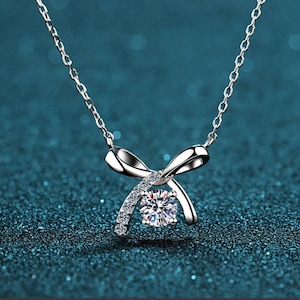 Elegant Ribbon Pendant Necklace – 0.50 CTW Round Cut Lab Diamond – 14K Solid Gold – Dainty Gift for Her – Anniversary or Birthday Jewelry.