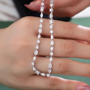 Multi Shape Solitaire Lab Grown Diamond Tennis Chain for Women – 14K Gold Gift for Her, Moissanite Option, Dainty Statement Necklace.