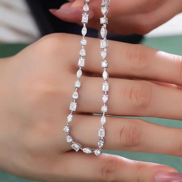 Multi Shape Solitaire Lab Grown Diamond Tennis Chain for Women – 14K Gold Gift for Her, Moissanite Option, Dainty Statement Necklace.