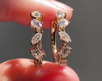 1.50 CT Multi Shape Diamond Huggie Hoop Earrings | Lab Grown Diamond | 14K Gold Unique Bold Hoops | Statement Luxury Gift for Her.
