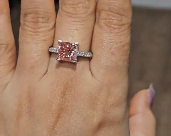 IGI Certified 3.39 CT Princess Cut Pink Treated Lab-Grown Diamond Halo Ring – Gold Anniversary, Wedding & Engagement Gift for Her.