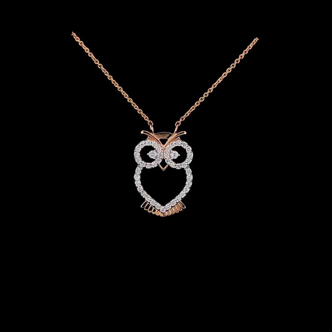 Owl Diamond Pendant Necklace, 14K Solid Gold Bird Jewelry, Cute Animal Charm, Minimalist Diamond Owl