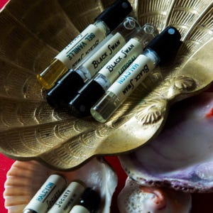 May include: A collection of perfume vials with black caps and white labels, arranged in a gold-colored, shell-shaped dish. The labels read "Black Swan," "Halcyon," and "Sel Vanille." The vials are on a red surface with seashells.