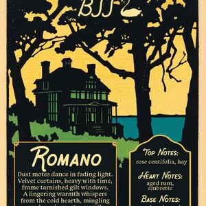 May include: Vintage-style advertisement with a silhouette of a house, trees, and a lake. The text "ROMANO" is displayed, along with fragrance notes: rose centifolia, hay, aged rum, ambrette, musk, oakwood, and vanilla. The top of the image has the text "BSS2".