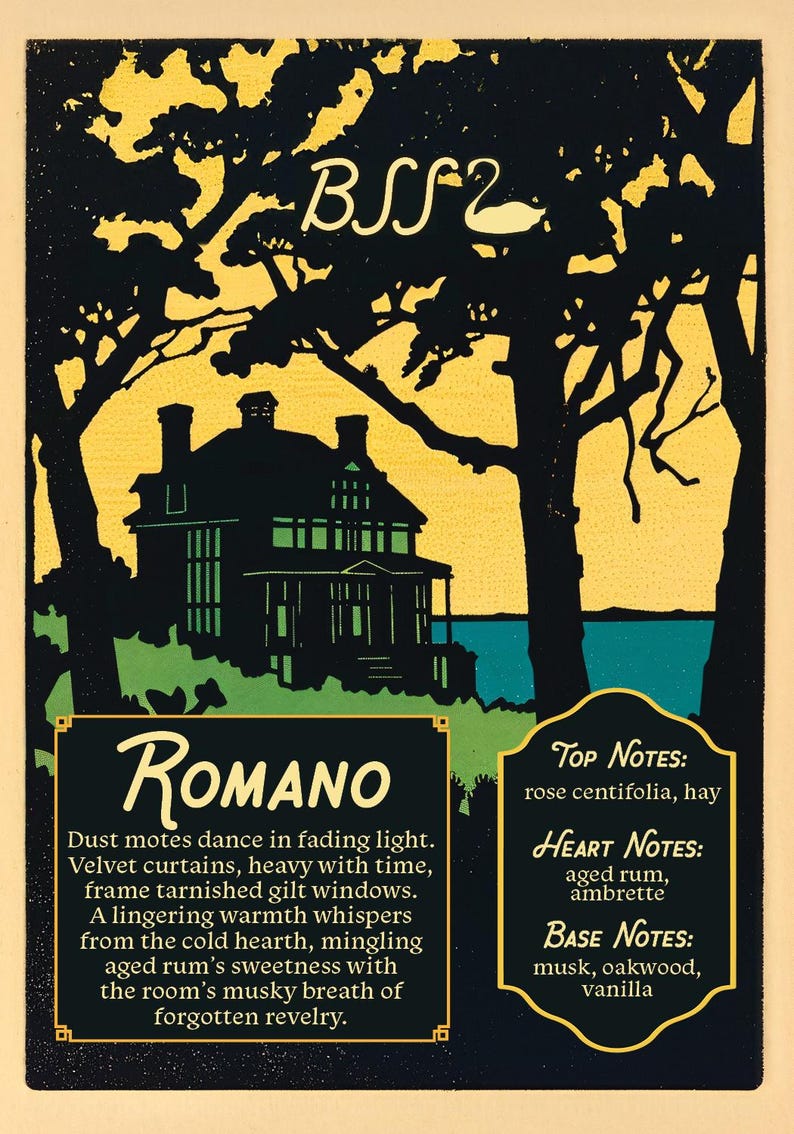 May include: Vintage-style advertisement with a silhouette of a house, trees, and a lake. The text "ROMANO" is displayed, along with fragrance notes: rose centifolia, hay, aged rum, ambrette, musk, oakwood, and vanilla. The top of the image has the text "BSS2".
