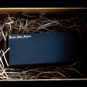 May include: A navy blue rectangular box with the text "Black Swan Society" in white, nestled inside a cardboard box filled with brown paper filler. The box is presented in a dark setting.