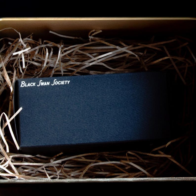 May include: A navy blue rectangular box with the text "Black Swan Society" in white, nestled inside a cardboard box filled with brown paper filler. The box is presented in a dark setting.