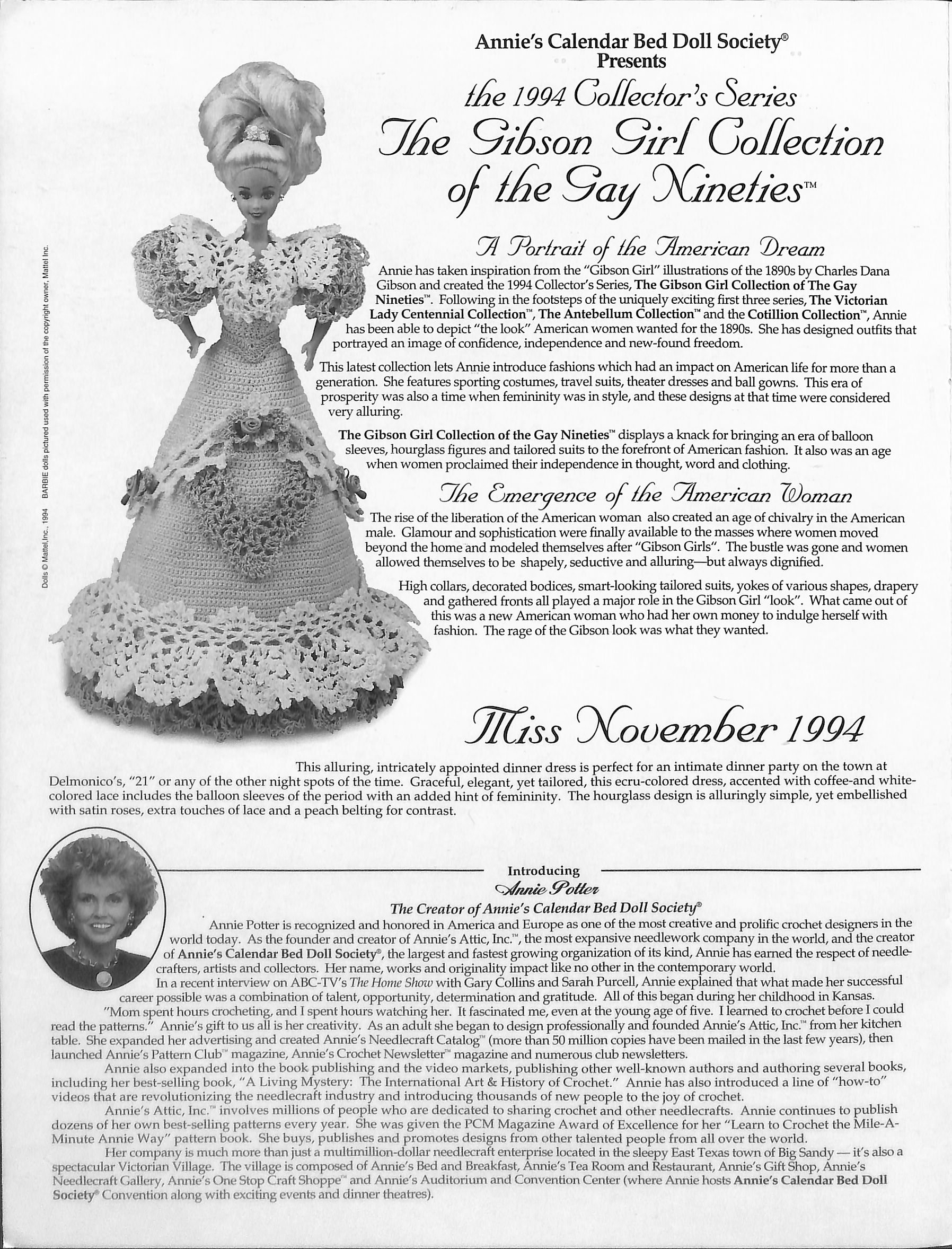 Annie's Calendar Bed Doll Society-1994 Collection-miss November 1994-crochet  Dress Pattern-gibson Girls Collection-new-7 Pages - Etsy