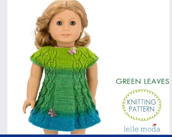 Zomerjurk voor 18 inch poppen, breipatroon, kleding voor American Girl Doll, kantpatroon, ontwerp met groene lentebladeren, PDF-download