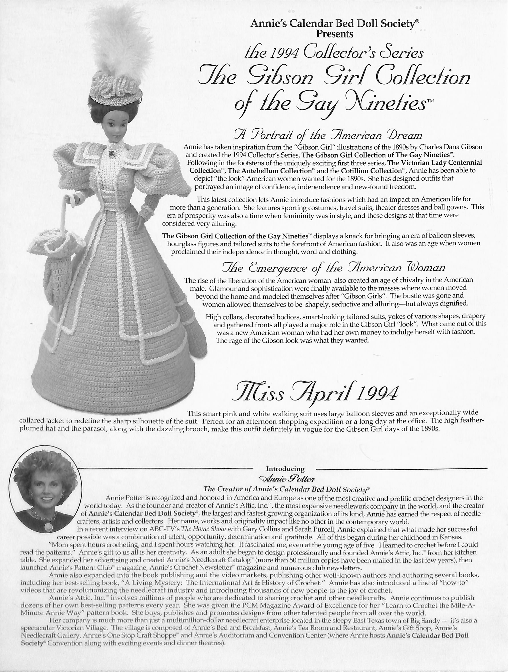 Annie's Calendar Bed Doll Society-1994 Collection-miss April 1994-crochet  Dress Pattern-gibson Girls Collection-new-7 Pages - Etsy
