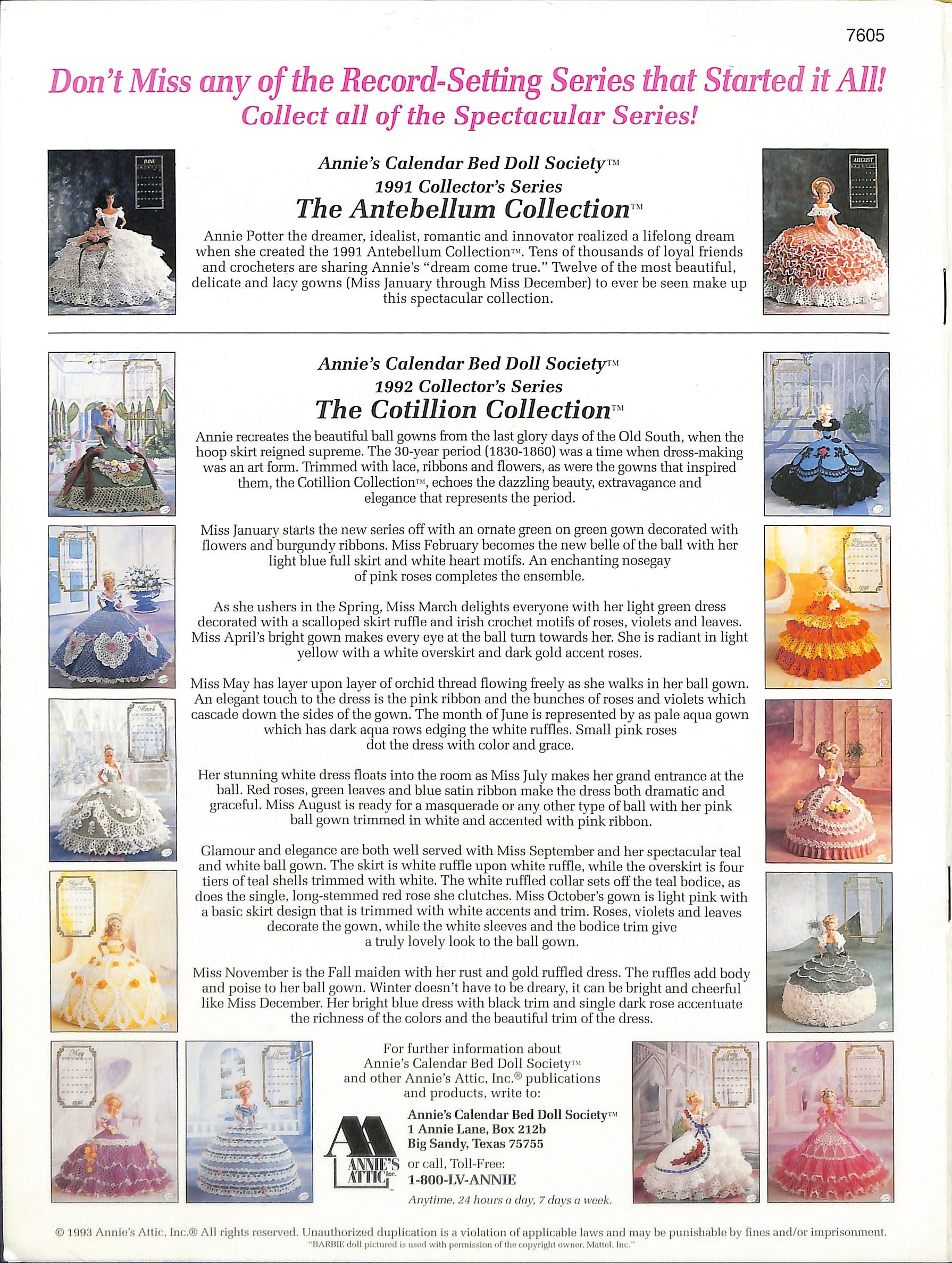 Annie's Calendar Bed Doll Society-1993 Collection-miss May 1993-crochet  Dress Pattern-victorian Lady Centennial Collection-new-7 Pages - Etsy