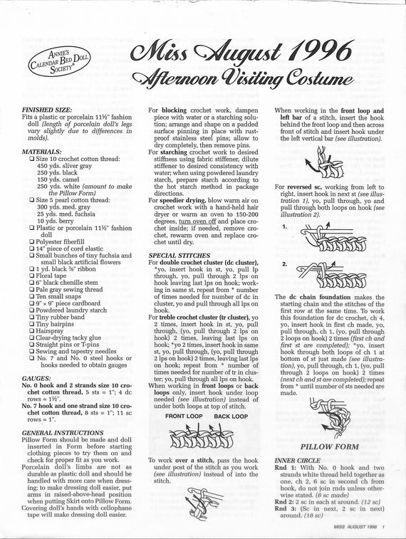Annie's Calendar Bed Doll Society-1996 Collection-miss August 1996-crochet  Dress Pattern-edwardian Lady Collection-new-5 Pages - Etsy