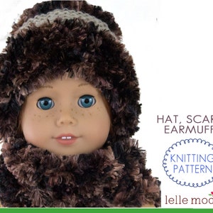 May include: Knitting pattern for a brown and grey fuzzy hat, scarf, and earmuffs for a doll. The pattern is called "Hat, Scarf, Earmuffs Knitting Pattern" and is by "Lelle Moda".