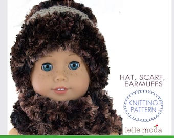 Doll Winter Hat, Scarf & Ear Muffs Knitting Pattern for 18" Dolls (PDF Pattern)