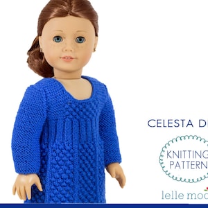 May include: A blue knitted dress for a doll, with a cable knit pattern. The dress is called "Celesta Dress" and is a knitting pattern from "Lelle Moda".