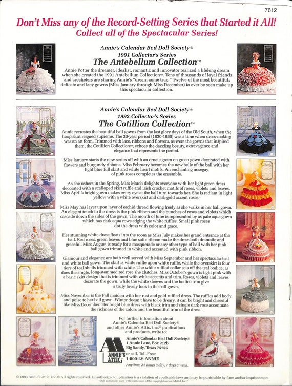 Annie's Calendar Bed Doll Society-1993 Collection-miss December 1993-crochet  Dress Pattern-victorian Lady Centennial Collection-new-7 Pages - Etsy