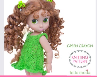 Green Crayon Dress - Knitting Pattern - 16 inch Dolls - Doll Summer Dress -  Doll Clothes - Easy PDF