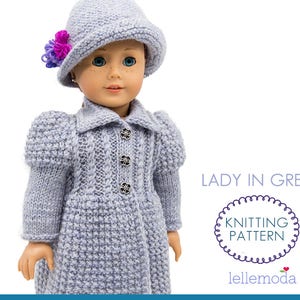 Lady in Grey Stylish Knitted Coat and Hat for 18 inch dolls, Knitting Pattern, Doll Clothes Pattern, Fits Standard 18 inch dolls image 1
