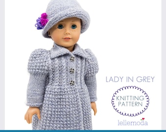 Lady in Grey Stylish  Knitted Coat and Hat for 18 inch dolls, Knitting Pattern,  Doll Clothes Pattern, Fits Standard 18 inch dolls