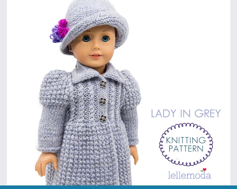 Lady in Grey Stylish Knitted Coat and Hat for 18 inch dolls, Knitting Pattern, Doll Clothes Pattern, Fits Standard 18 inch dolls image 1