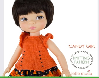 Candy Girl - Knitting Pattern fordolls -  16 inch doll clothes outfit - orange top for doll
