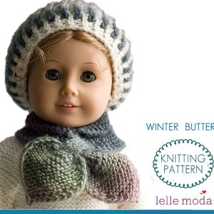 Winter Hat and Scarf Knitting pattern for 18 inch dolls, fits 18 inch Doll Girls, Doll Accessories, Winter Butterfly Design