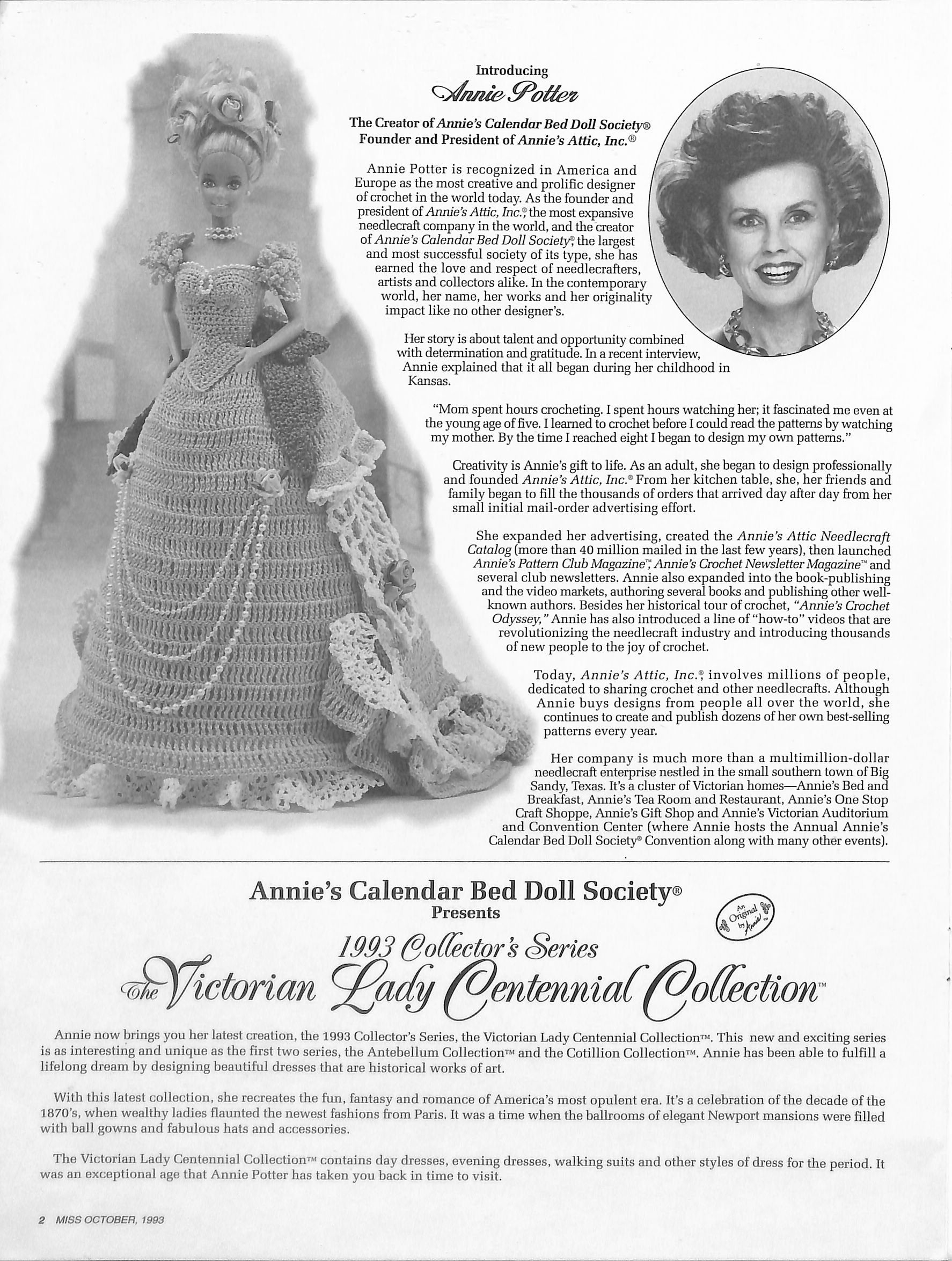 Annie's Calendar Bed Doll Society-1993 Collection-miss October 1993-crochet  Dress Pattern-victorian Lady Centennial Collection-new-7 Pages - Etsy