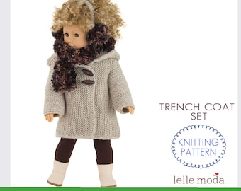 May include: Knitting pattern for a doll-sized trench coat set. The pattern includes instructions for a hooded coat, scarf, and earmuffs. The pattern is called "Trench Coat Set" and is by "Lelle Moda".