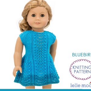 May include: A blue knitted dress with a lacy pattern, designed for a doll. The dress is called "Bluebird" and is a knitting pattern by "Lelle Moda".