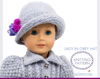 Cloche Hat for 18 inch Doll,  Knitting Pattern,  Knitted Hat Pattern to fit American Doll Girl,  Lady In Grey Hat Pattern