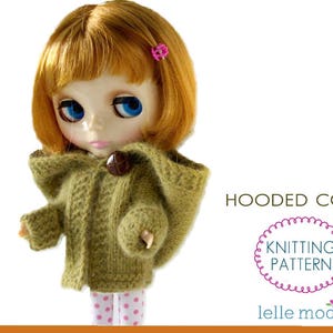 May include: A knitted hooded coat in a green color for a doll. The coat has a button closure and a hood. The doll is wearing a pink and white polka dot dress. The text "Hooded Coat Knitting Pattern Lelle Moda" is visible in the image.