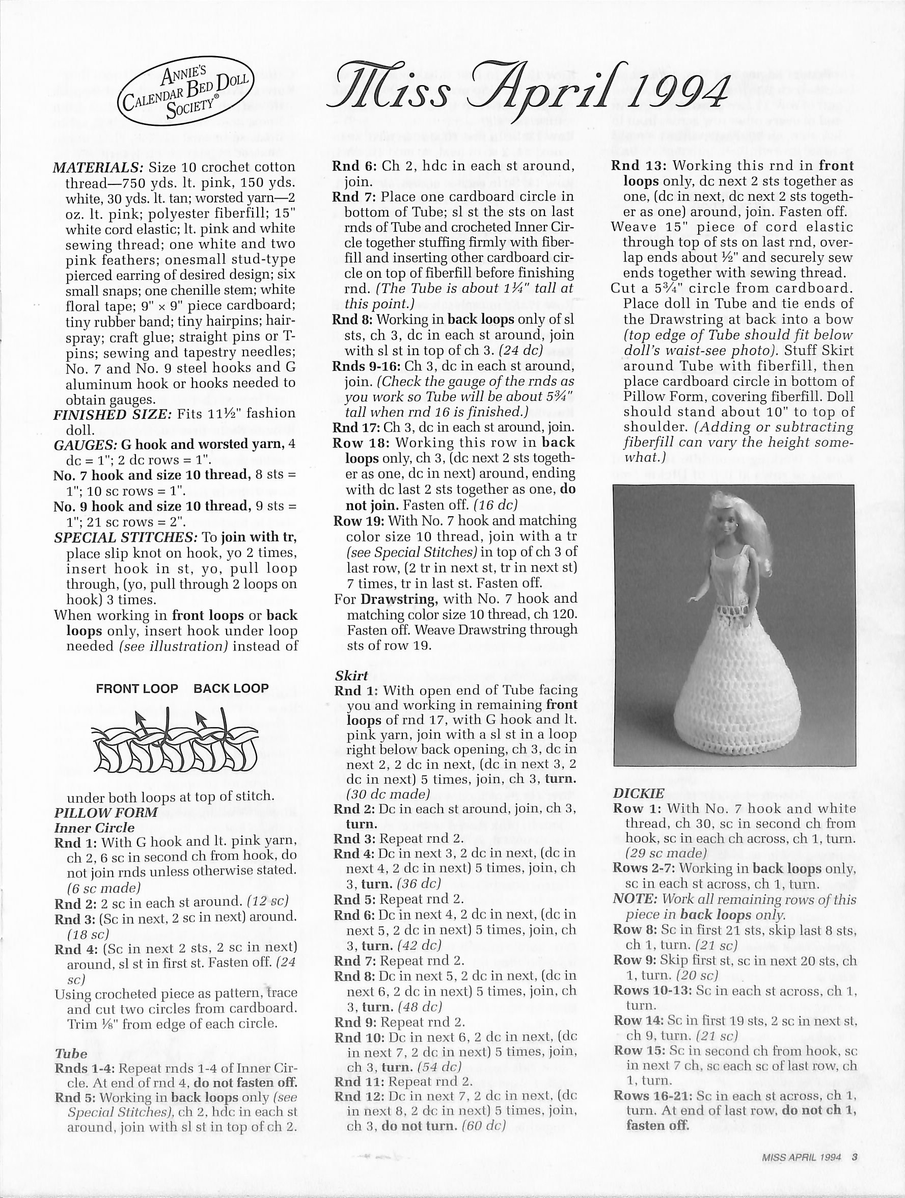 Annie's Calendar Bed Doll Society-1994 Collection-miss April 1994-crochet  Dress Pattern-gibson Girls Collection-new-7 Pages - Etsy