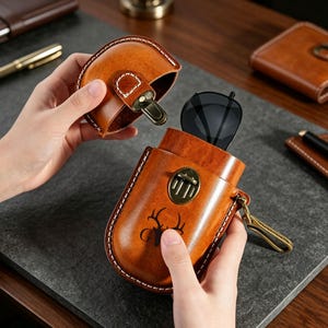May include: A tan leather glasses case with a hinged lid, featuring a brass-toned metal latch and a black deer silhouette logo. The case has white contrast stitching along the edges and a matching brass-toned metal clip attached to the side.