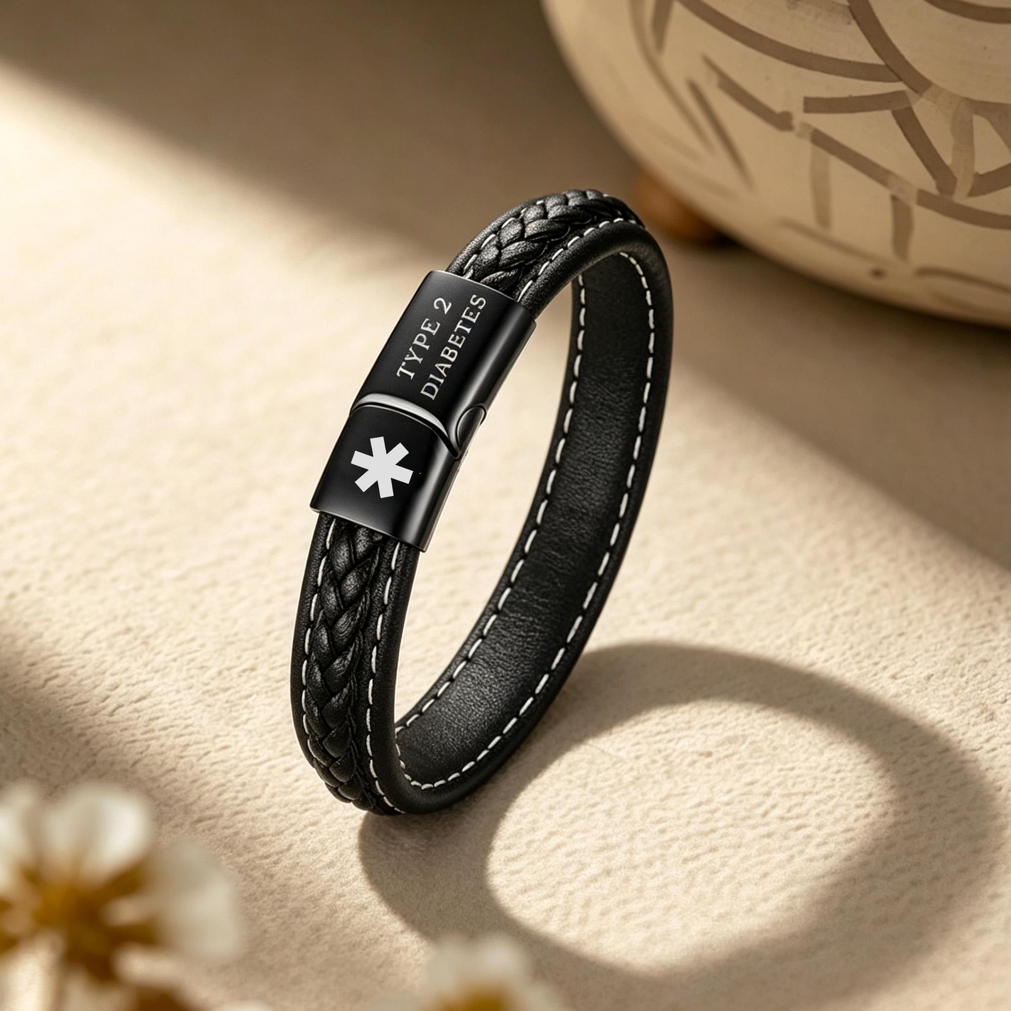 Custom Men's Leather Bracelet: ID Medical Alert Bracelet, Engraved Family Names, Personalized Anniversary & Birthday Gift for Dad