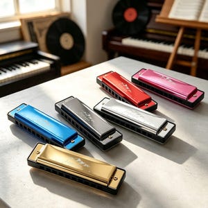 May include: A collection of five harmonicas in gold, blue, black, silver, and red, each featuring a metallic finish and the Jonsen brand name engraved on the top cover. These musical instruments are arranged on a flat surface, showcasing their rectangular shape, black comb sections, and side-mounted screws.