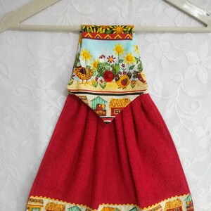 Farmhouse Chicken Kitchen Hanging Towel: Red or White Cotton, Hand Towel With Button