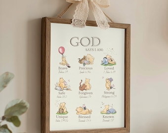 Classic Winnie the Pooh Wall Art, God Says I AM Biblical Affirmations, Christian Nursery Decor