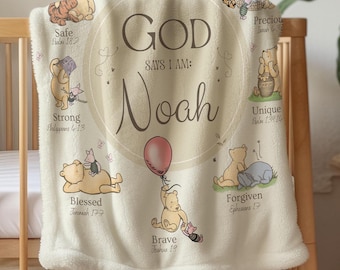 Christian Nursery Decor, Winnie The Pooh Blanket, God Says I AM Religious Affirmation, Inspirational Scripture Print, Baptism Baby Blanket