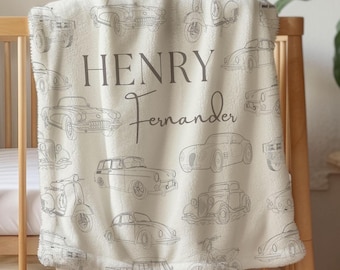 Vintage Autos Kinderzimmer Dekor personalisierte Baby Junge Decke Fahrzeug Baby Geschenk Autos Geburtstagsgeschenk Fahrzeug Papa Geschenk von Kind individuelle Name Decke