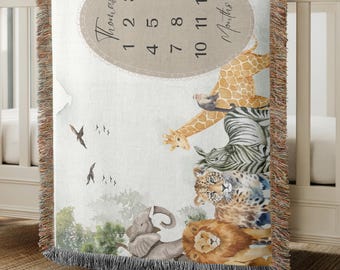Safari Baby Milestone Blanket, Personalized Baby Name Blanket – Jungle Animals Monthly Photo Prop – Baby Shower Gift, Wild Nursery Decor