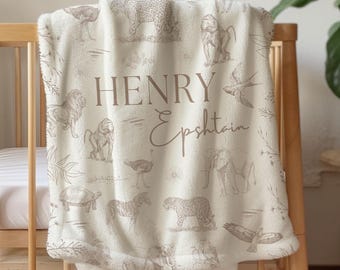 Safari Nursery Decor Personalized Blanket Gift for New Baby, Vintage Safari Baby Shower Gift Toddler Blanket, 1st Birthday Gift
