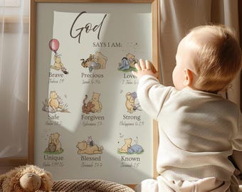 WINNIE-The-POOH Christian Nursery Wall Art Nursery Prints, God Says I AM Religious Affirmation, Inspirational Scripture Print