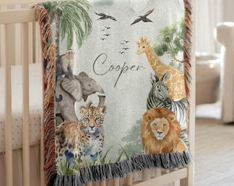 Vintage Safari Nursery Decor, Personalized Blanket Gift for New Baby Boy Blanket Safari Baby Shower Gift Toddler Blanket