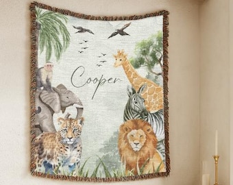 Vintage Safari Nursery Decor, Personalized Blanket Gift for New Baby Boy Blanket Safari Baby Shower Gift Toddler Blanket
