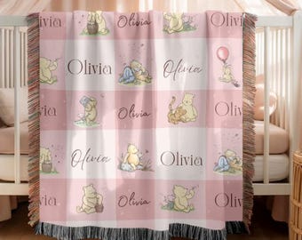 Vintage Winnie The Pooh Baby Blanket Custom Name Baby Blanket Personalized Winnie-The-Pooh Nursery Decor Baby Shower Gift Pooh Bear Blanket