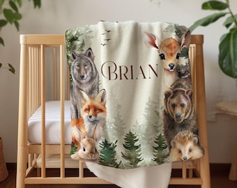Personalized Baby Christmas Blanket Boy Woodland Forest Animal Woven Blanket Custom Baby Name Blanket Baby Shower Gift For Baby Boy Blanket