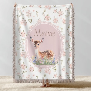 Floral Forest Deer Nursery Blanket | Pink Girl&#39;s Nursery Decor | Folk and Forest with Bow | Vintage Cottagecore Girl Blanket 1st Birthday