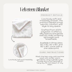 May include: A white Velveteen blanket, folded to display its texture. The blanket is made of 100% polyester and is available in three sizes: 76cm x 102cm, 127cm x 152cm, and 152cm x 203cm. The text on the image says "Luxuriously soft and irresistibly smooth."