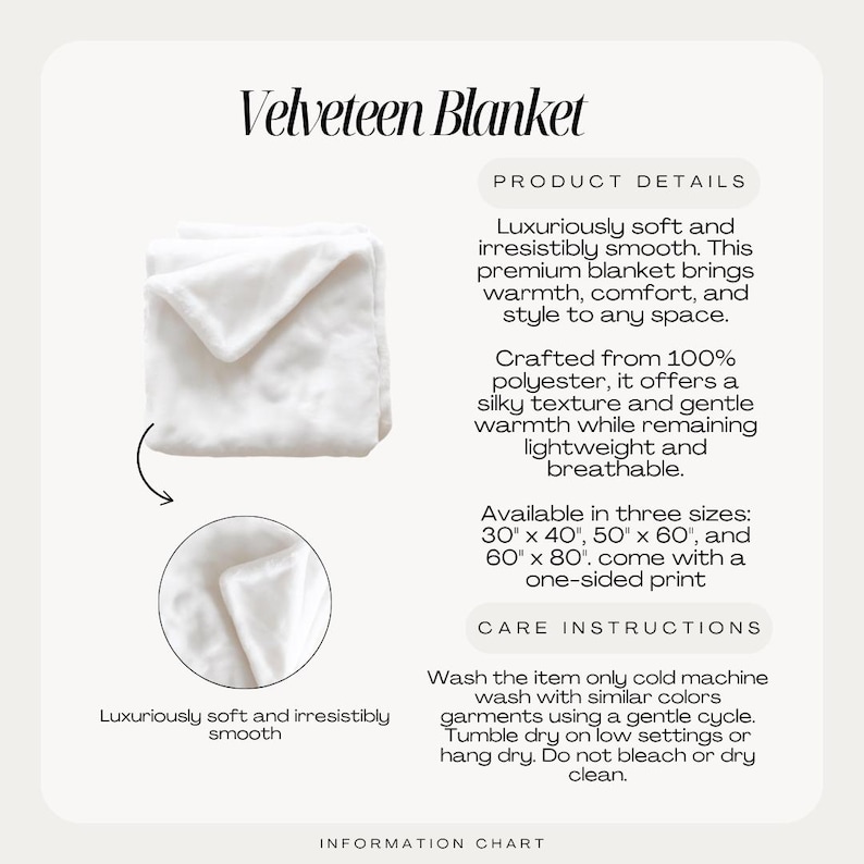 May include: A white Velveteen blanket, folded to display its texture. The blanket is made of 100% polyester and is available in three sizes: 76cm x 102cm, 127cm x 152cm, and 152cm x 203cm. The text on the image says "Luxuriously soft and irresistibly smooth."